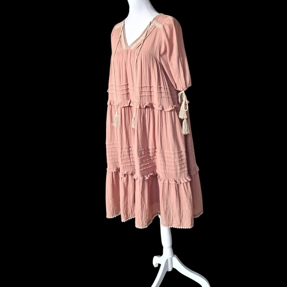 Listicle Tassel Tie Tiered Midi Flowy Boho Cotton Pink Dress Women Size Small - Picture 9 of 16
